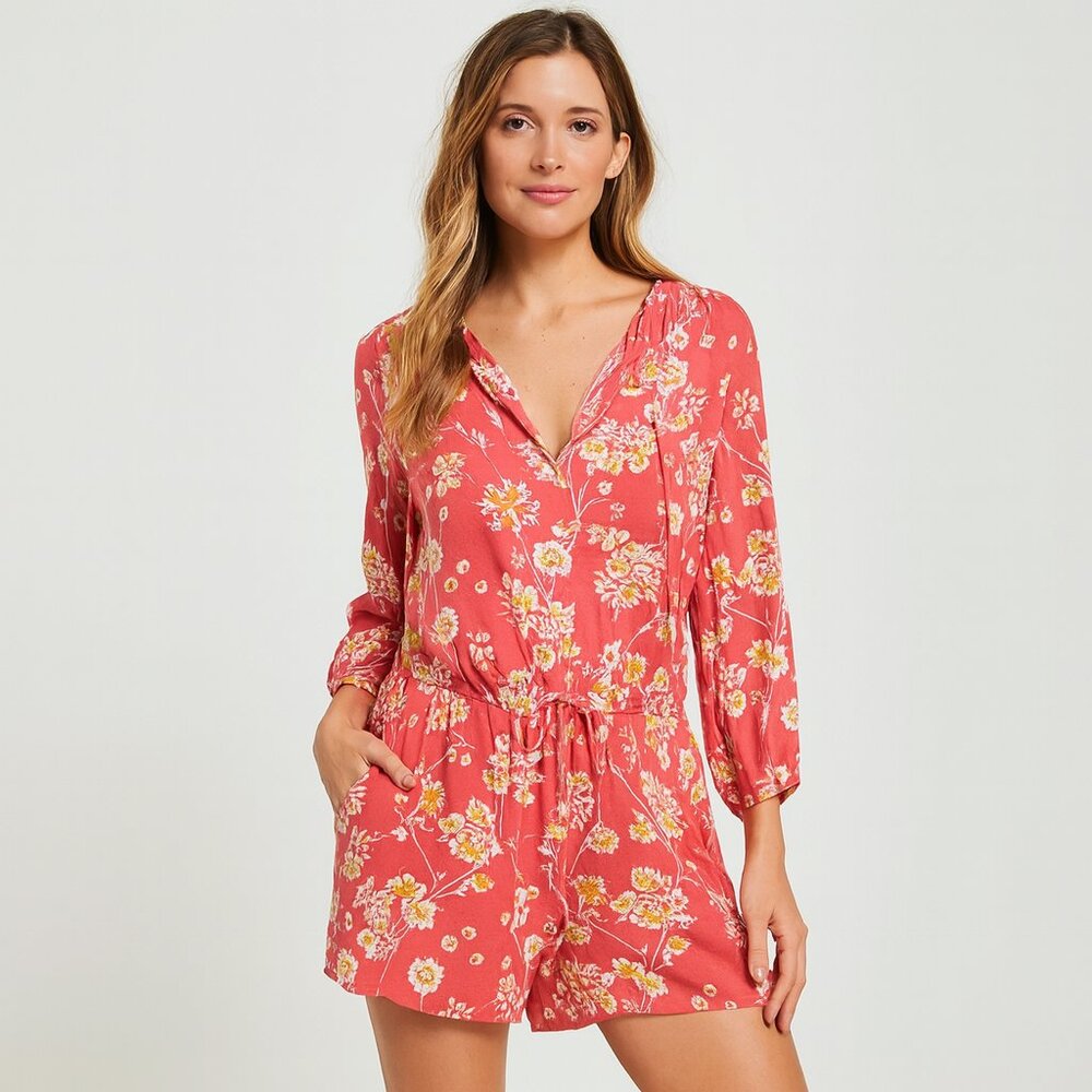 LOFT Beach Coral Floral Button-Front Romper - Tie Waist - Long Sleeve - Small
